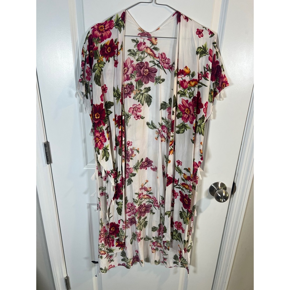Jack & Missy Womens Terrace Ruana Floral Tassel Trim White One Size OSFM